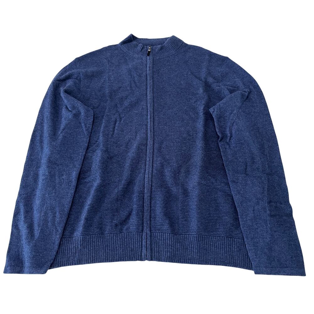 5-46 QI CASHMERE Men's Cardigan Sweater Full-Zip Ribbed Wool Cashmere Blue 2XL